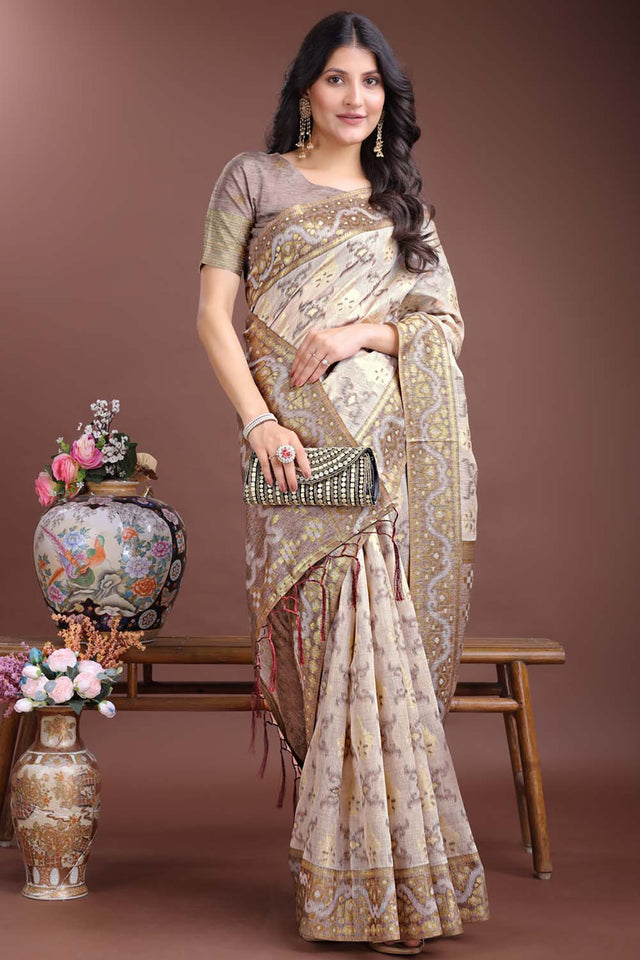 Brown Jacquard Woven Linen Cotton Saree