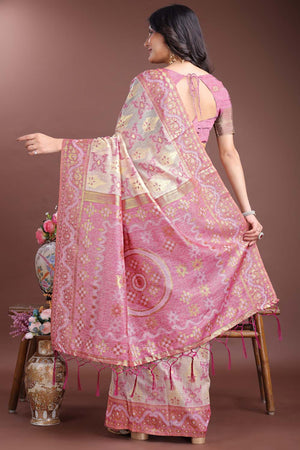 Purple Jacquard Woven Linen Cotton Saree