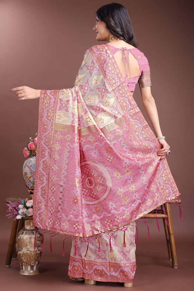 Purple Jacquard Woven Linen Cotton Saree