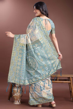 Green Jacquard Woven Linen Cotton Saree