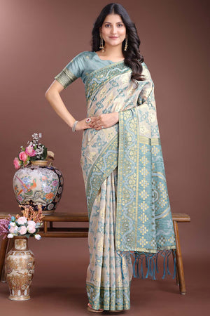 Green Jacquard Woven Linen Cotton Saree