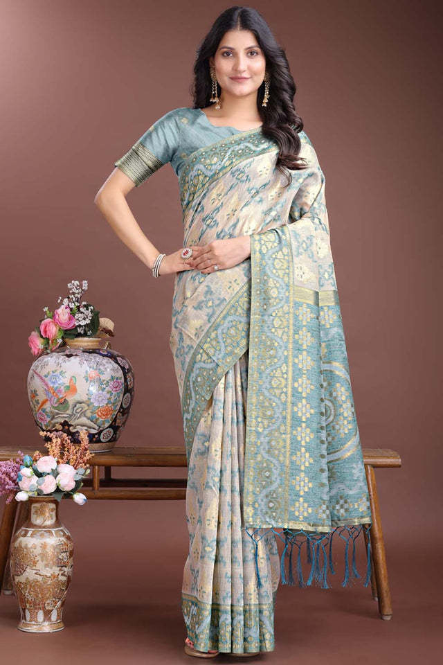 Green Jacquard Woven Linen Cotton Saree