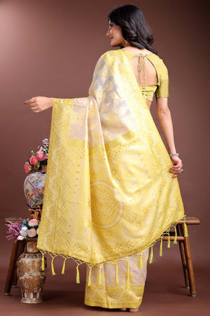 Yellow Jacquard Woven Linen Cotton Saree