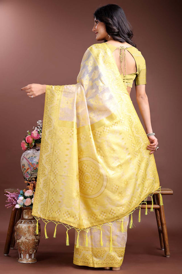 Yellow Jacquard Woven Linen Cotton Saree
