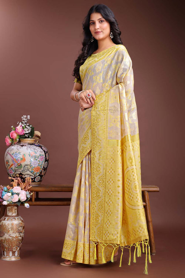 Yellow Jacquard Woven Linen Cotton Saree