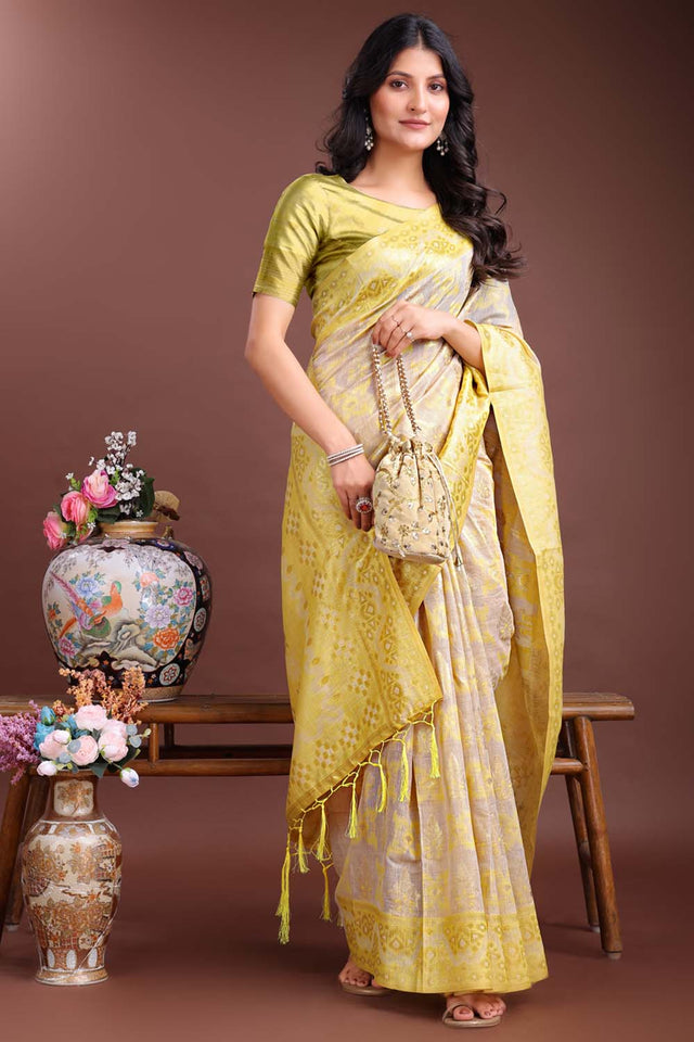 Yellow Jacquard Woven Linen Cotton Saree