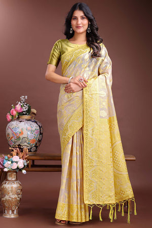 Yellow Jacquard Woven Linen Cotton Saree
