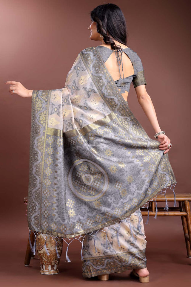 Grey Jacquard Woven Linen Cotton Saree