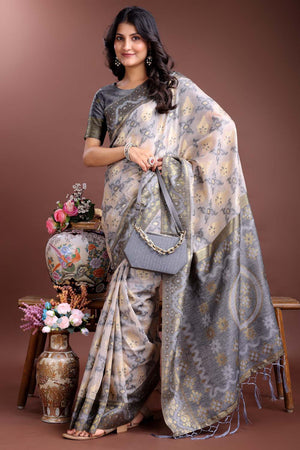 Grey Jacquard Woven Linen Cotton Saree