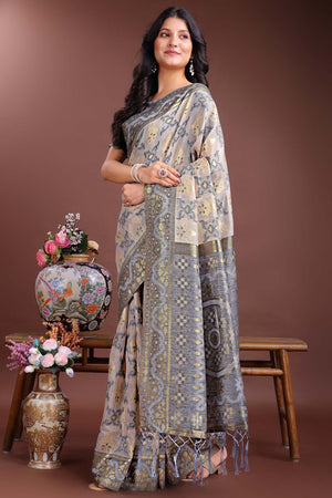 Grey Jacquard Woven Linen Cotton Saree