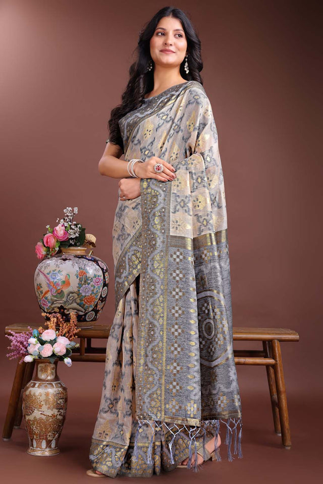 Grey Jacquard Woven Linen Cotton Saree