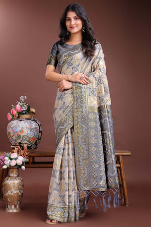 Grey Jacquard Woven Linen Cotton Saree