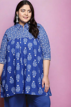 Blue Printed Cotton Short Kurti (ACZ6586)