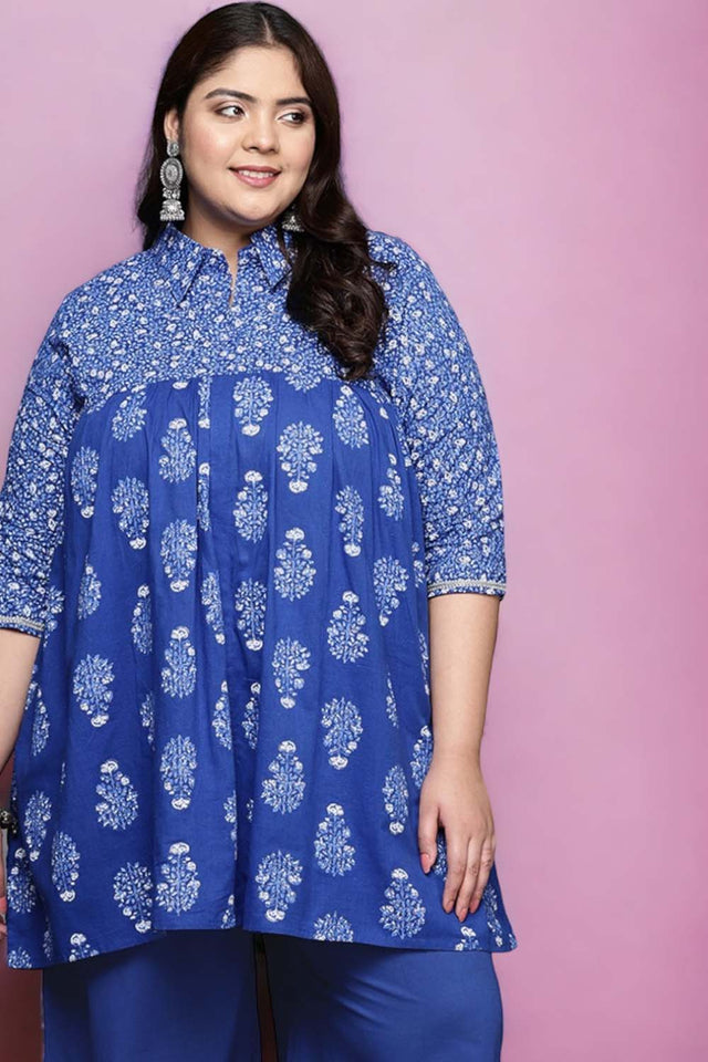 Blue Printed Cotton Short Kurti (ACZ6586)