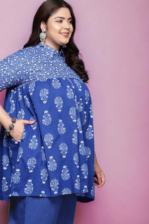 Blue Printed Cotton Short Kurti (ACZ6586)