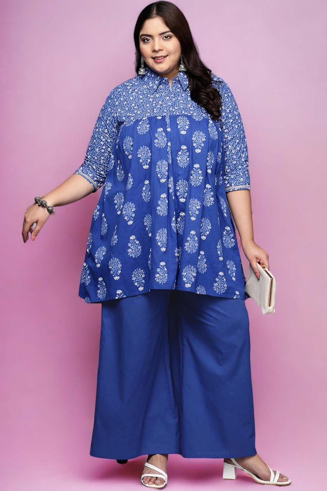 Blue Printed Cotton Short Kurti (ACZ6586)