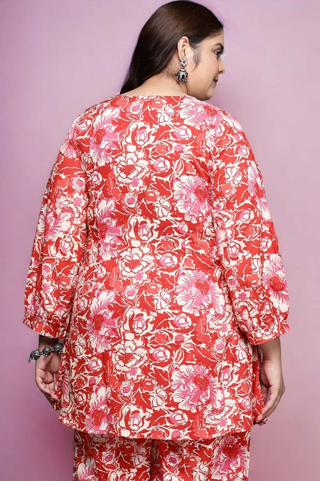 Red Floral Printed Cotton Short Kurti (ACZ6588)