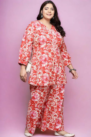 Red Floral Printed Cotton Short Kurti (ACZ6588)