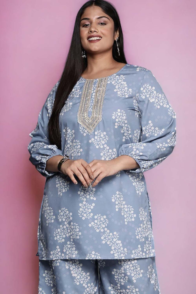 Grey Floral Printed Crepe Short Kurti (ACZ6589)