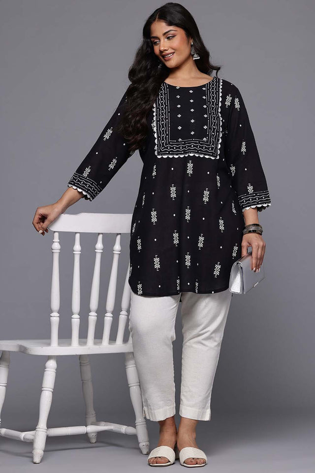 Black Printed Cotton Short Kurti (ACZ6590)