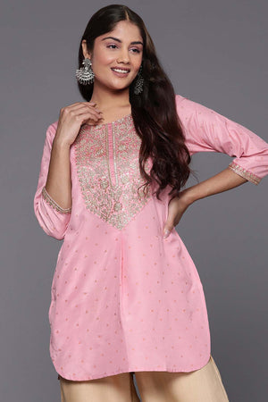 Pink Sequin with Embroidered Polyester Short Kurti (ACZ6591)