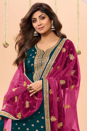 Blue Embroidered Silk Patiala Suit Set