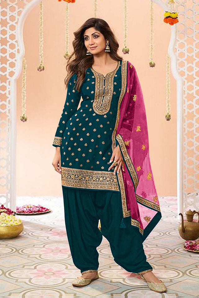 Blue Embroidered Silk Patiala Suit Set