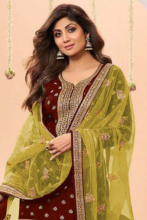 Maroon Embroidered Silk Patiala Suit Set