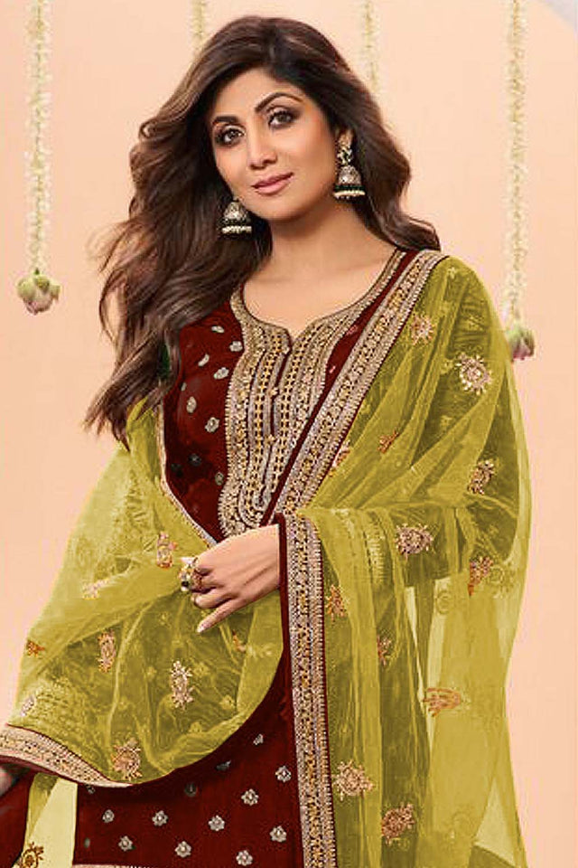 Maroon Embroidered Silk Patiala Suit Set