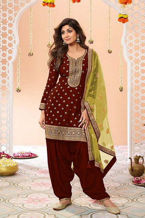Maroon Embroidered Silk Patiala Suit Set