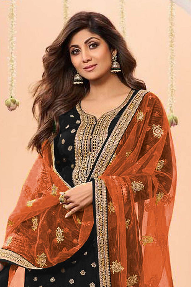 Black Embroidered Silk Patiala Suit Set