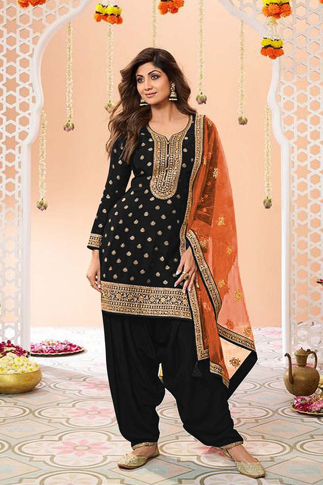 Black Embroidered Silk Patiala Suit Set