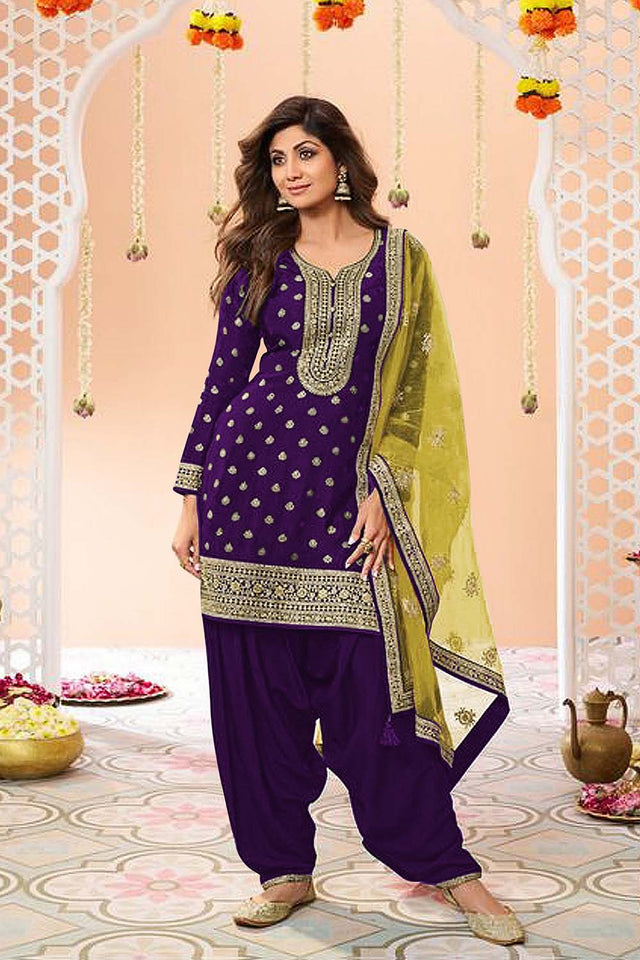 Purple Embroidered Silk Patiala Suit Set