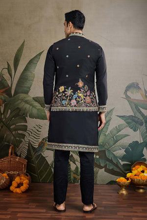 Men's Black Sequin with Embroidered Cotton Kurta with Jacket (ACZ6633)