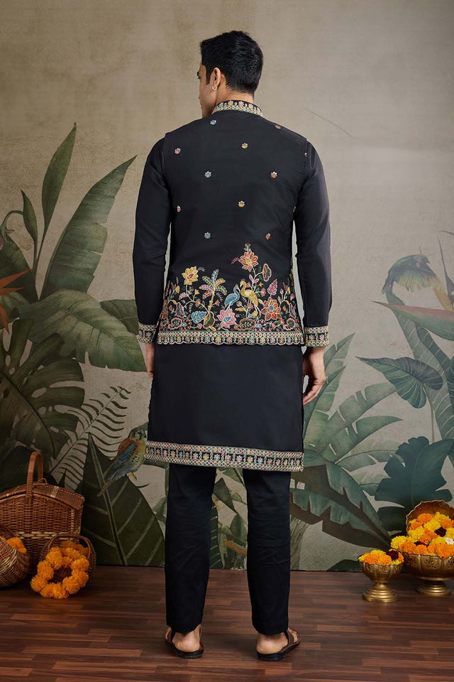 Men's Black Sequin with Embroidered Cotton Kurta with Jacket (ACZ6633)