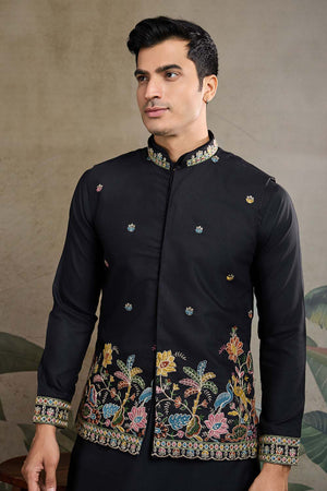 Men's Black Sequin with Embroidered Cotton Kurta with Jacket (ACZ6633)