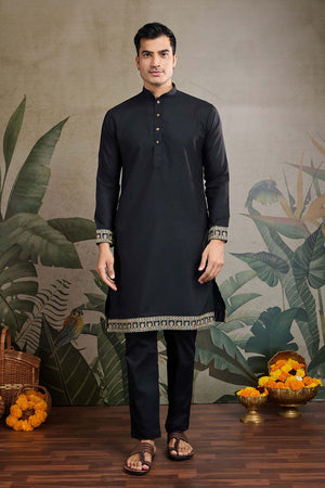 Men's Black Sequin with Embroidered Cotton Kurta with Jacket (ACZ6633)