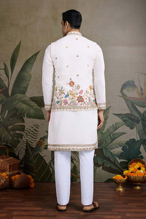 Men's White Sequin with Embroidered Cotton Kurta with Jacket (ACZ6634)
