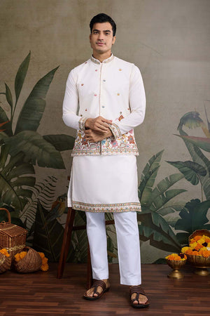 Men's White Sequin with Embroidered Cotton Kurta with Jacket (ACZ6634)