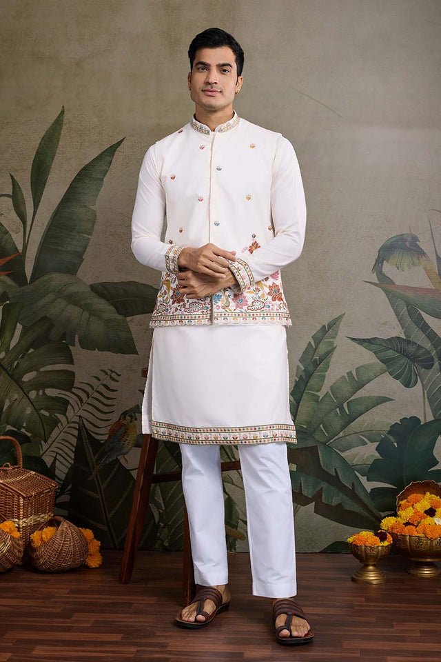 Men's White Sequin with Embroidered Cotton Kurta with Jacket (ACZ6634)