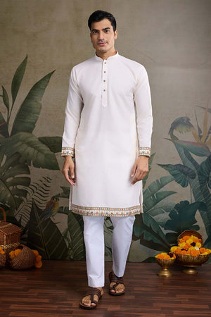 Men's White Sequin with Embroidered Cotton Kurta with Jacket (ACZ6634)