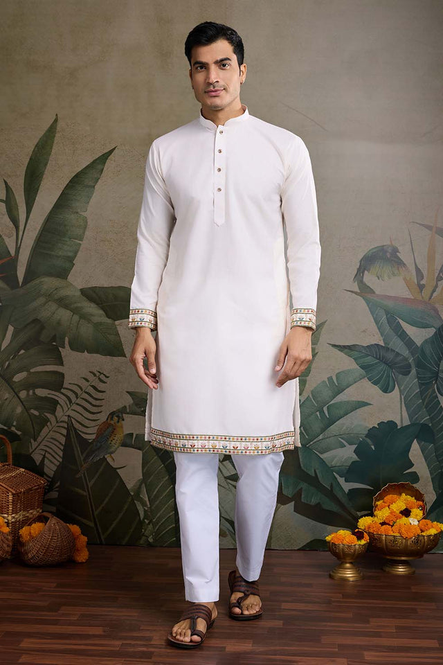 Men's White Sequin with Embroidered Cotton Kurta with Jacket (ACZ6634)