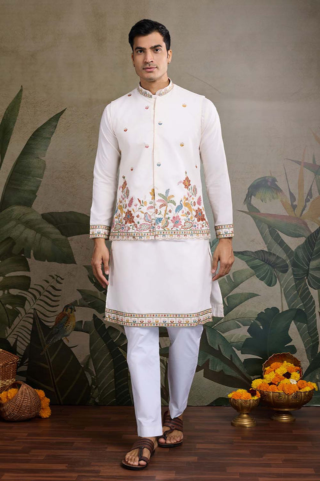 Men's White Sequin with Embroidered Cotton Kurta with Jacket (ACZ6634)