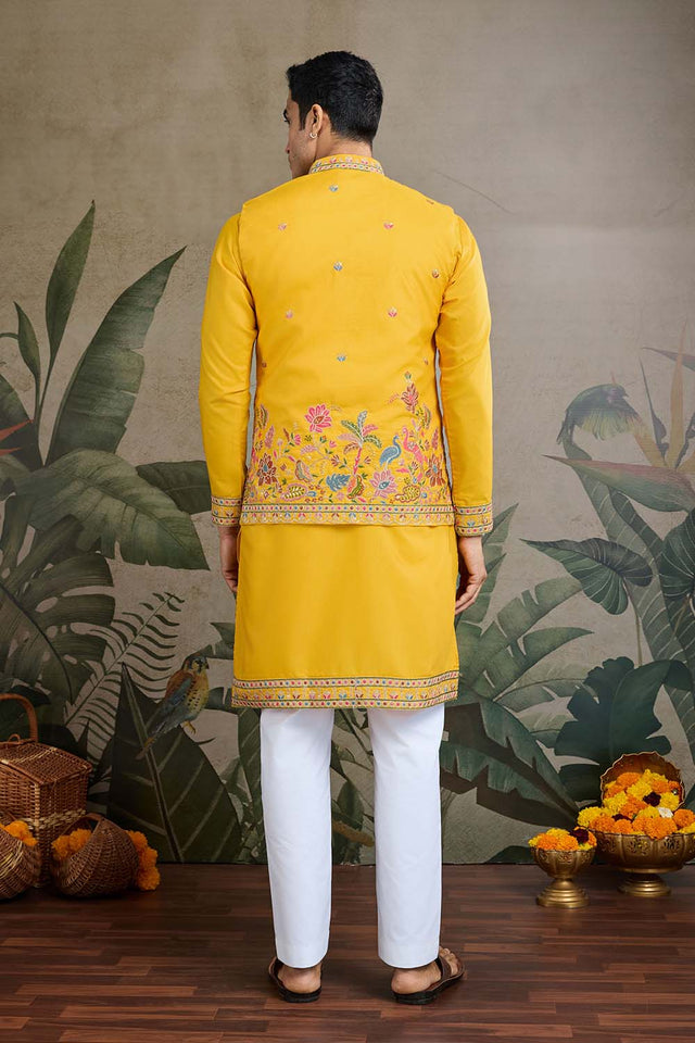 Men's Yellow Sequin with Embroidered Cotton Kurta with Jacket (ACZ6635)