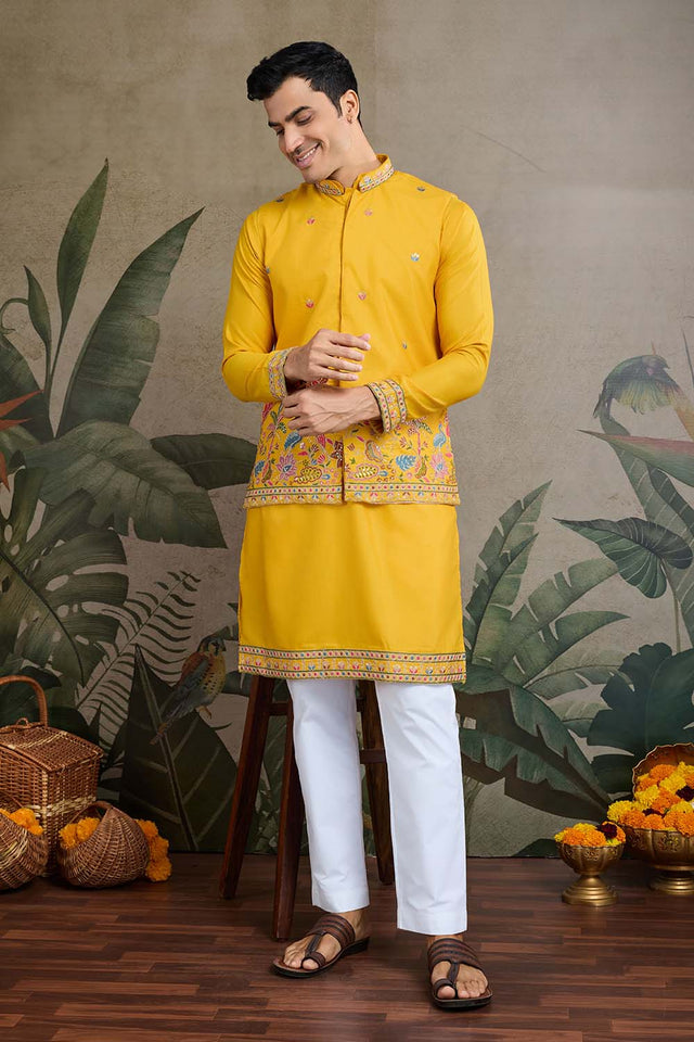 Men's Yellow Sequin with Embroidered Cotton Kurta with Jacket (ACZ6635)