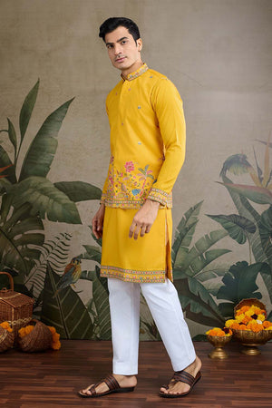 Men's Yellow Sequin with Embroidered Cotton Kurta with Jacket (ACZ6635)
