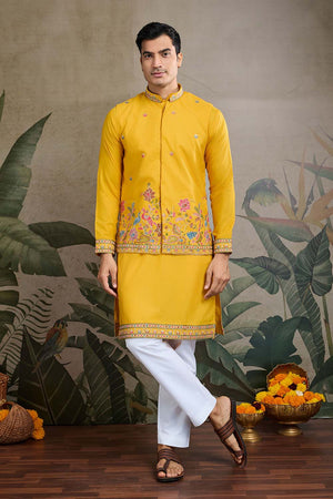 Men's Yellow Sequin with Embroidered Cotton Kurta with Jacket (ACZ6635)