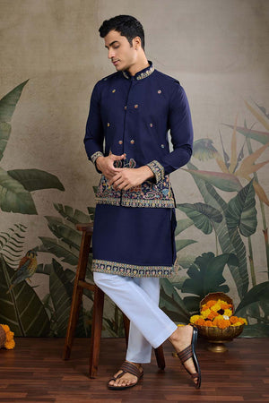 Men's Navy Blue Sequin with Embroidered Cotton Kurta with Jacket (ACZ6636)