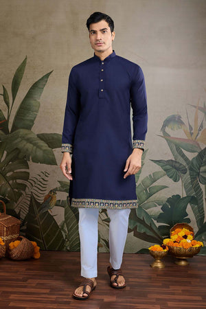 Men's Navy Blue Sequin with Embroidered Cotton Kurta with Jacket (ACZ6636)