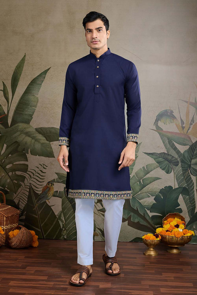 Men's Navy Blue Sequin with Embroidered Cotton Kurta with Jacket (ACZ6636)